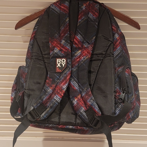 Roxy Black Backpack with red white and blue plaid design - Picture 2 of 5